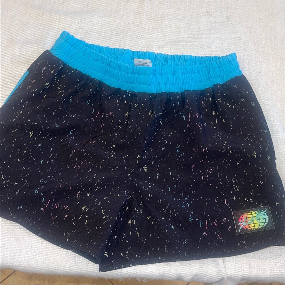 0710103 SLUNKS Black Wave Moon Volleyball Black and Blue Board Shorts EUC
